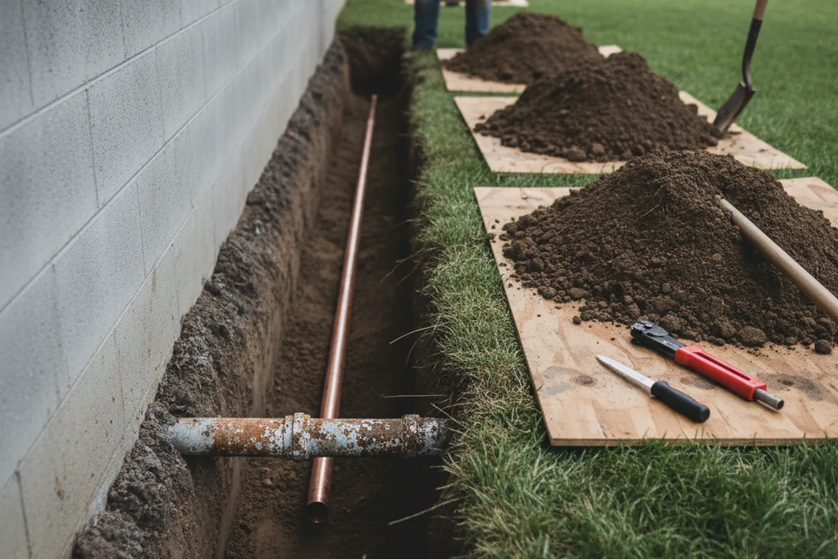 Excavated water line trench during Water Softener Installation in Westwood